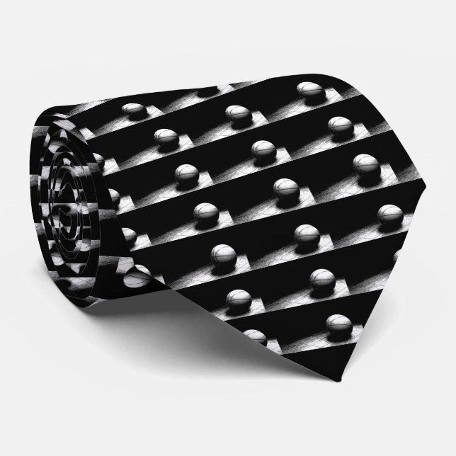 Black White Basketball Artwork Neck Tie (Rolled)