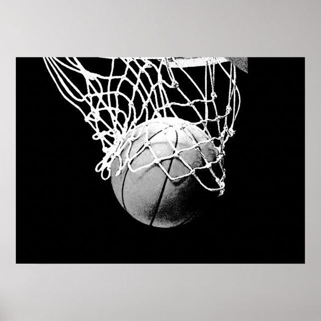 Black White Basketball Ball & Net Print Poster (Front)