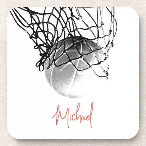 Black  White Basketball Ball  Net Your Name Beverage Coaster