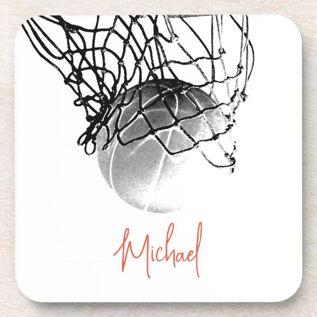 Black & White Basketball Ball & Net Your Name Beverage Coaster (Front)