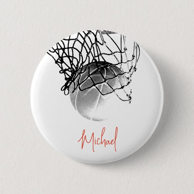 Black & White Basketball Ball & Net Your Name Button (Front)
