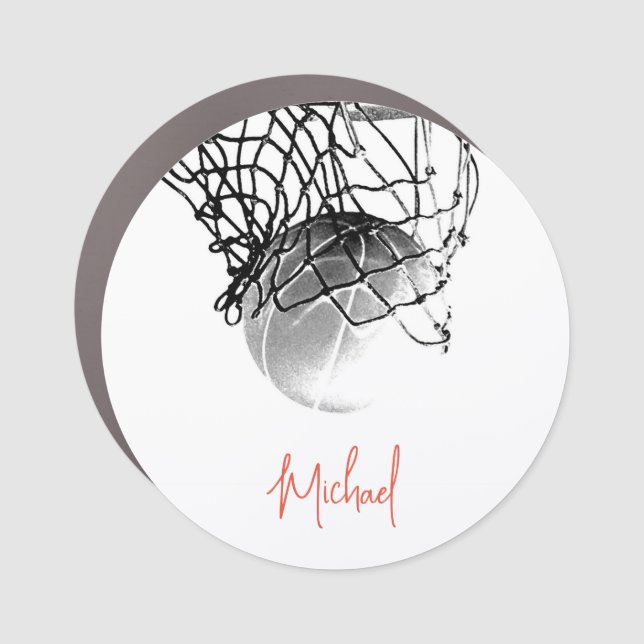 Black & White Basketball Ball & Net Your Name Car Magnet (Front)