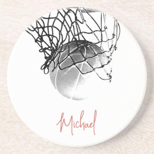 Black  White Basketball Ball  Net Your Name Coaster