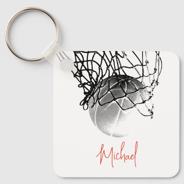Black & White Basketball Ball & Net Your Name Keychain (Front)