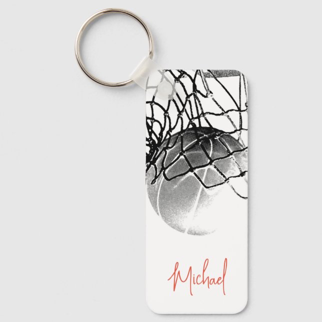 Black & White Basketball Ball & Net Your Name Keychain (Front)