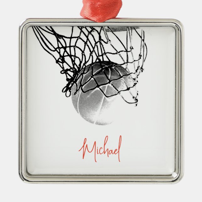 Black & White Basketball Ball & Net Your Name Metal Ornament (Front)