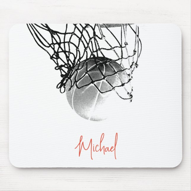 Black & White Basketball Ball & Net Your Name Mouse Pad (Front)