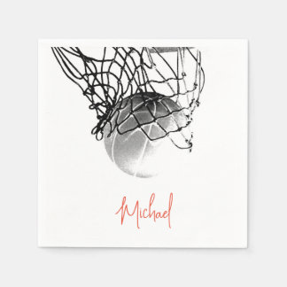 Black & White Basketball Ball & Net Your Name Napkins