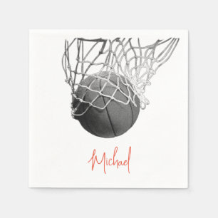 Black & White Basketball Ball & Net Your Name Napkins
