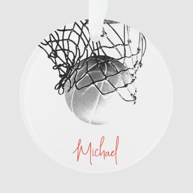 Black & White Basketball Ball & Net Your Name Ornament (Front)