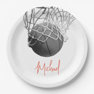 Black & White Basketball Ball & Net Your Name Paper Plates