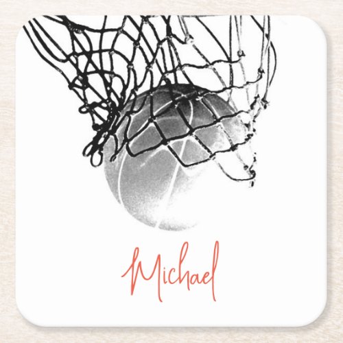 Black  White Basketball Ball  Net Your Name Square Paper Coaster