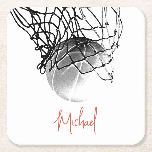 Black & White Basketball Ball & Net Your Name Square Paper Coaster (Front)