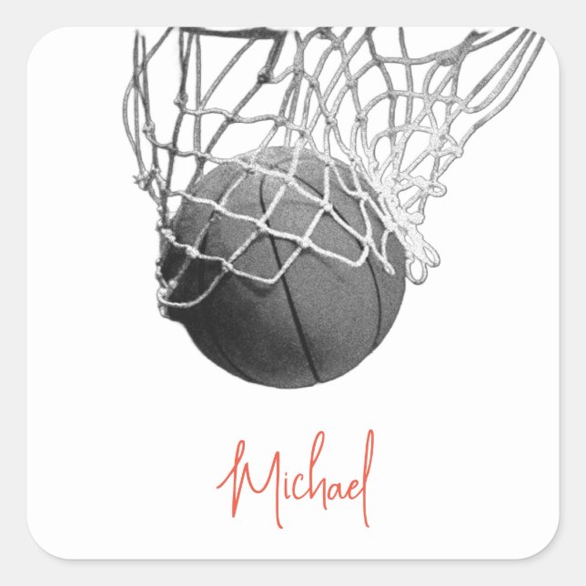 Black & White Basketball Ball & Net Your Name Square Sticker (Front)