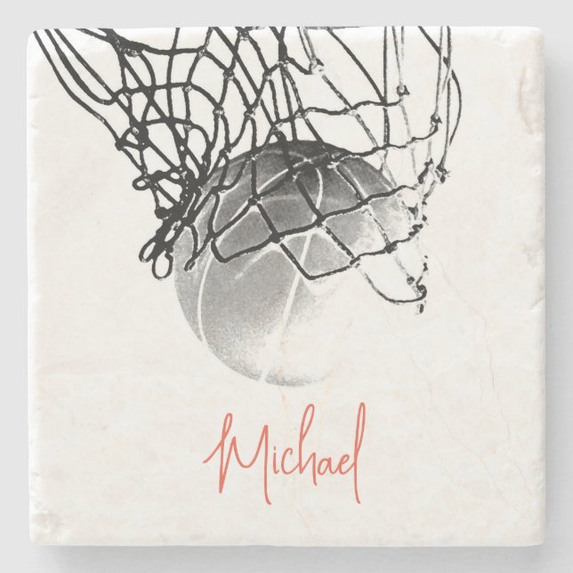 Black & White Basketball Ball & Net Your Name Stone Coaster (Front)