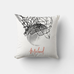 Black & White Basketball Ball & Net Your Name Throw Pillow