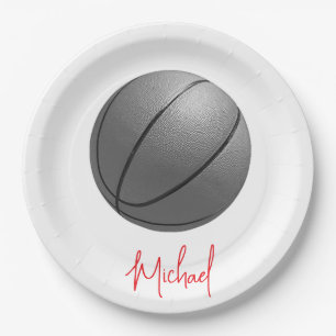 Black & White Basketball Your Name Custom Paper Plates