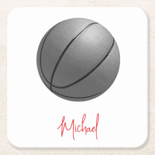 Black & White Basketball Your Name Custom Square Paper Coaster