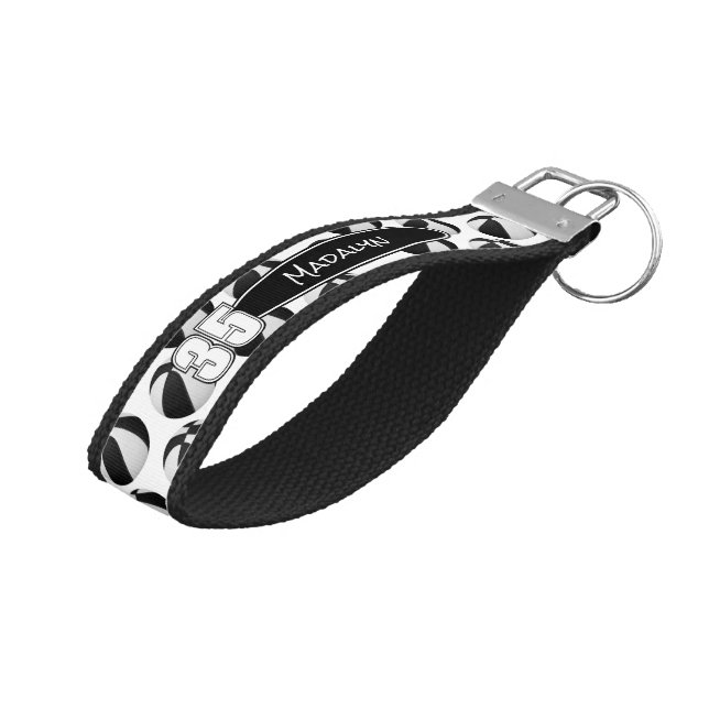 black white basketballs pattern athlete name wrist keychain (Angled Up)