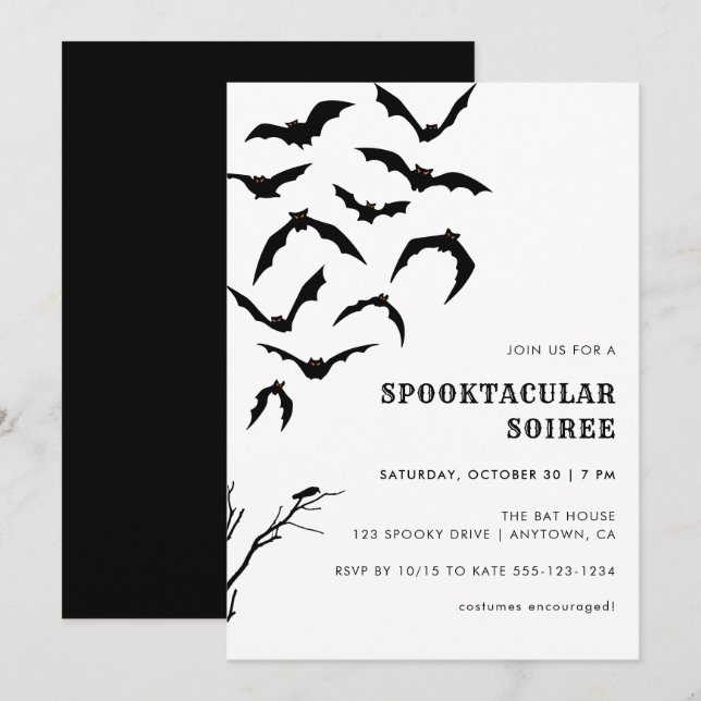 Black & White Bats Halloween Spooktacular Soiree Invitation (Front/Back)