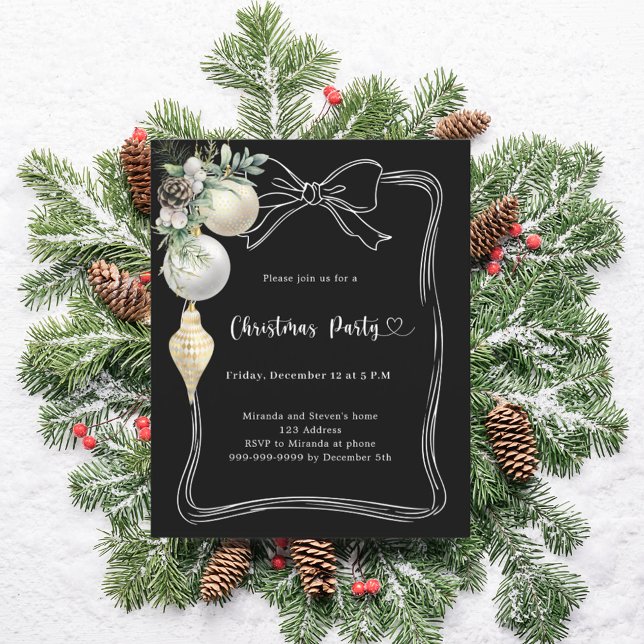 Black white baubles bow Christmas Party invitation (Creator Uploaded)