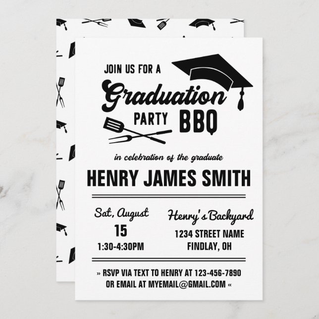 Black White BBQ Cookout Graduation Party, Neutral Invitation (Front/Back)