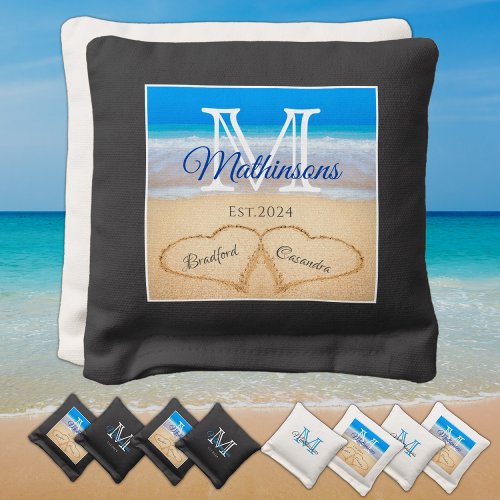 Black  White Beach Wedding Heart in Sand monogram Cornhole Bags