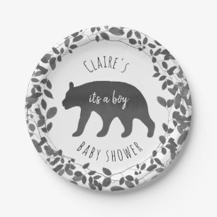 Black + White Bear Cub Foliage Baby Shower Paper Plates