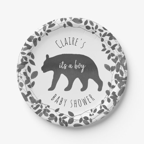 Black  White Bear Cub Foliage Baby Shower Paper Plates