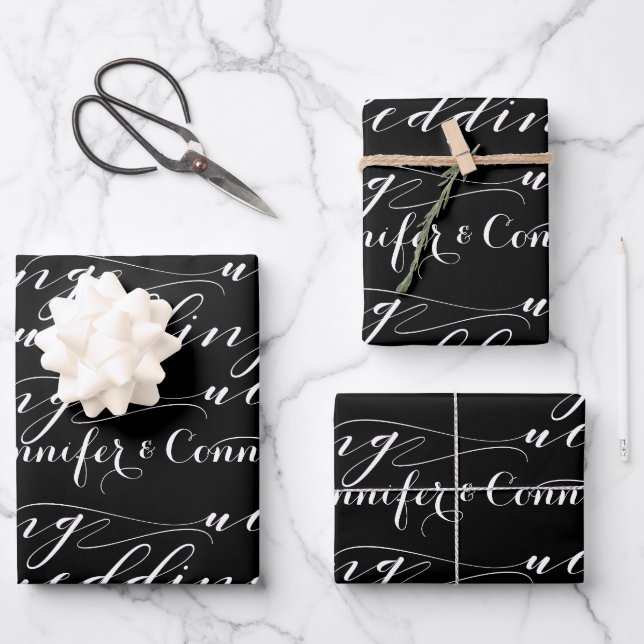 Black White Beautiful Calligraphy Add Name Wedding Wrapping Paper Sheets (Front)