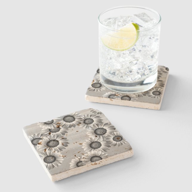 Black & white beautiful flowers stone coaster (Side)