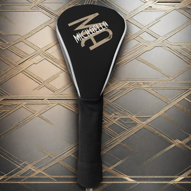 Black white beige monogram personalized name  golf head cover (Creator Uploaded)