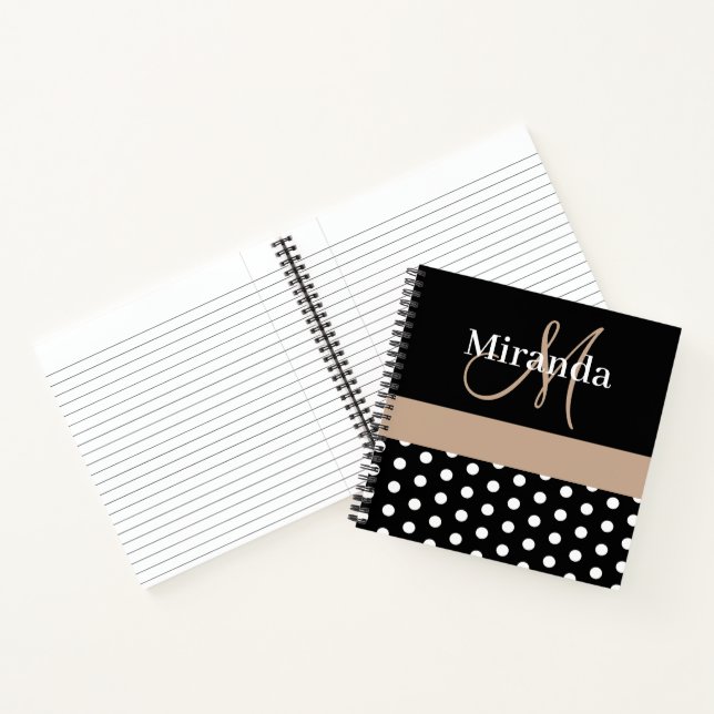 Black White Beige Monogram Script Polka Dots Notebook (Inside)