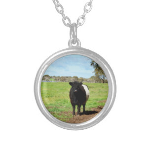 Black White Belted Galloway Cow, Silver Plated Necklace