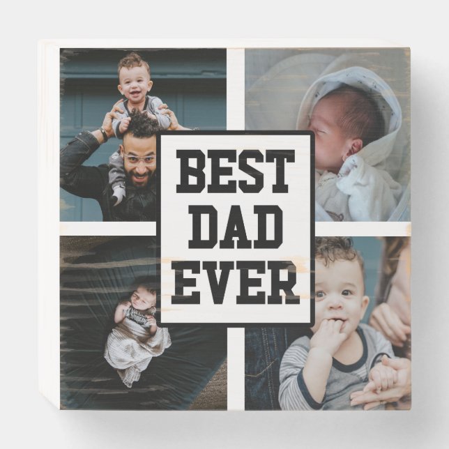 Black White Best Dad Ever Custom Photo Picture Wooden Box Sign (Front Horizontal)