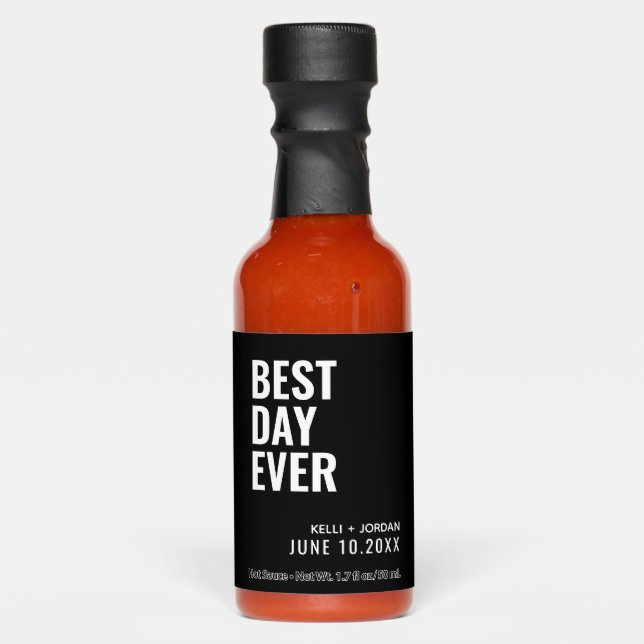 Black & White Best Day Ever Wedding Favor Hot Sauces (Front)