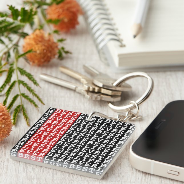 Black White Best Life Ever Red Stripe Personalized Keychain (Front Right)