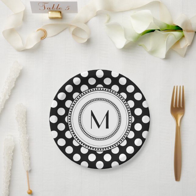 Black | White Big Polka Dots Monogram Paper Plates (Wedding)