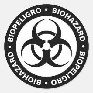 Black & White Bilingual Biohazard Warning Classic Round Sticker