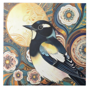 Black & White Bird Art Deco Nouveau Flower Floral Ceramic Tile