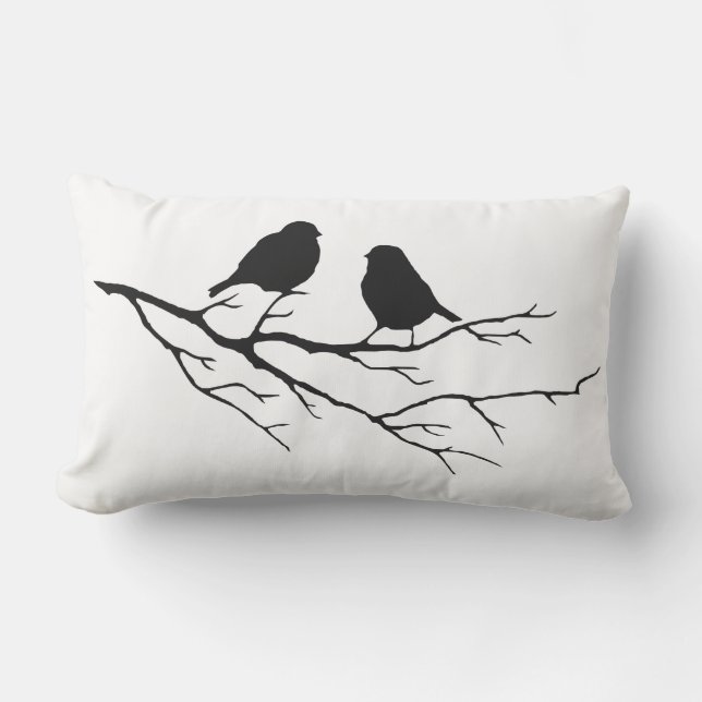 Black & White Bird on Branch Silhouette Outdoor Pillow (Front)