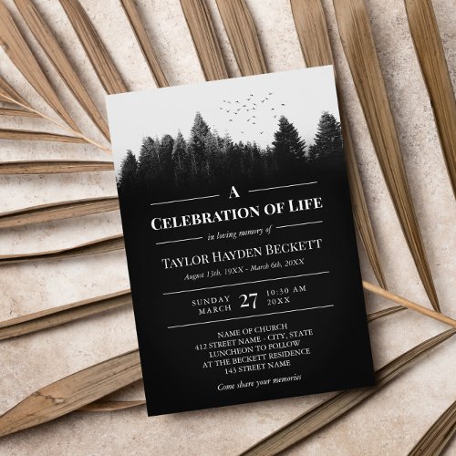 Black White Birds Over Forest Celebration of Life Invitation