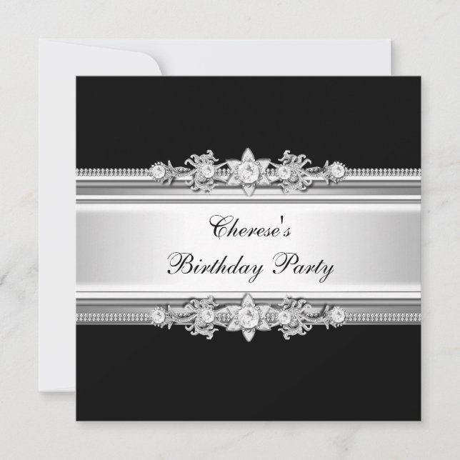 Black White Birthday Party Silver Jewel Image Invitation (Front)