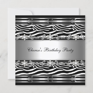 Black White Birthday Party Zebra Animal Jewel Invitation