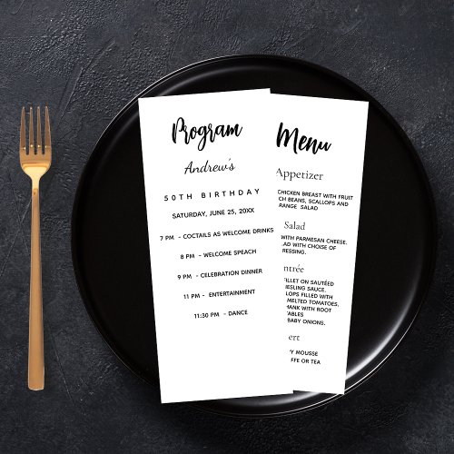 Black white birthday program dinner menu card