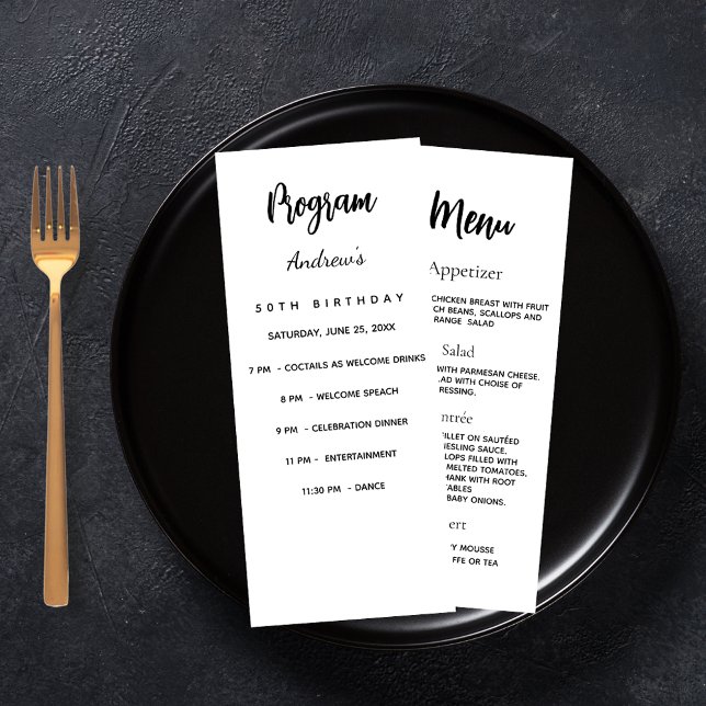 Black white birthday program dinner menu card (Creator Uploaded)