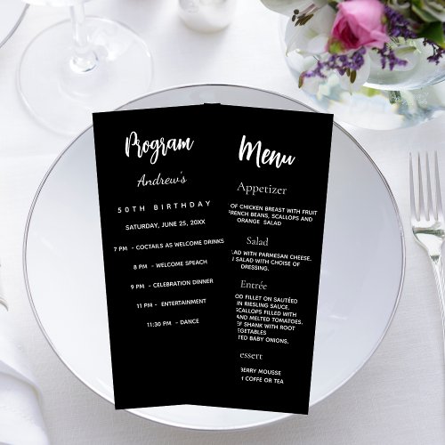 Black white birthday program dinner menu card