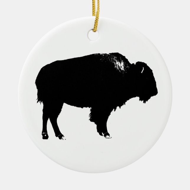 Black & White Bison Buffalo Silhouette Pop Art Ceramic Ornament (Front)