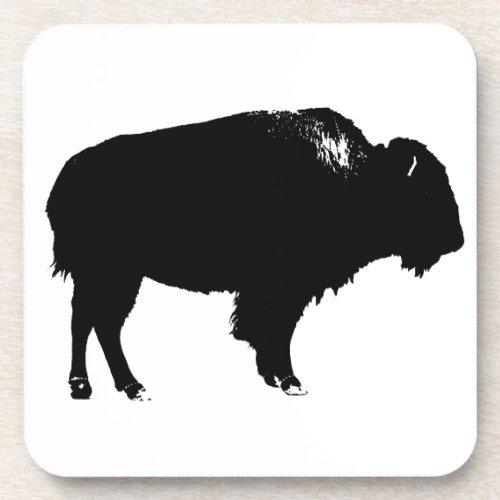 Black  White Bison Buffalo Silhouette Pop Art Coaster