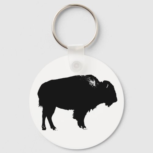 Black  White Bison Buffalo Silhouette Pop Art Keychain